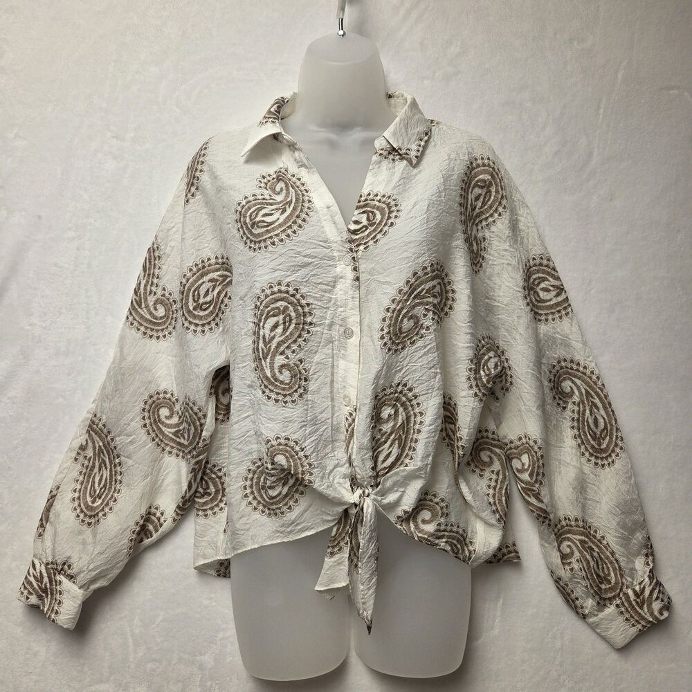 HALOGEN Womens Sheer Top Long Sleeve Brown Paisley Button Up Tie Front SZ Medium